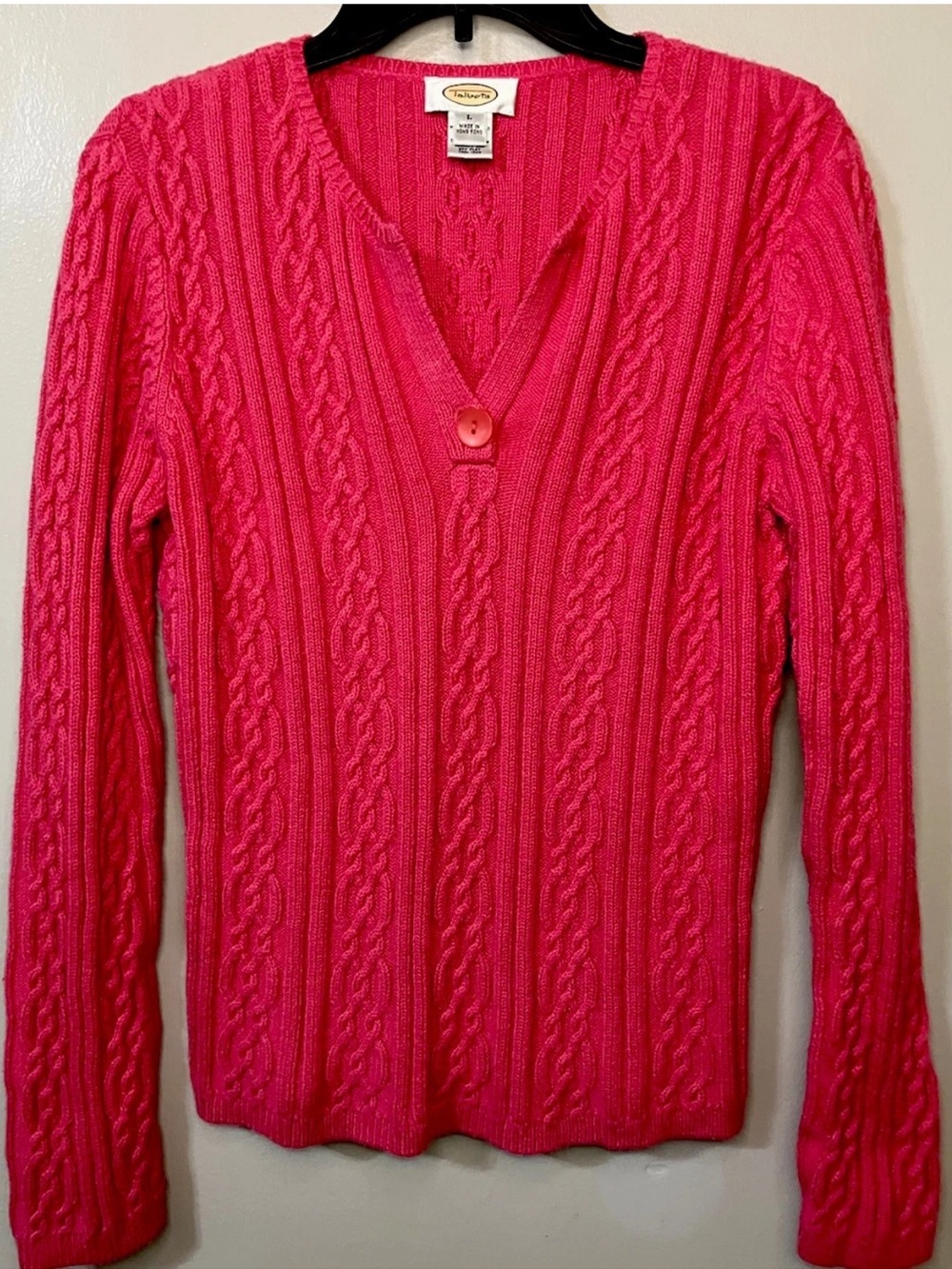 Talbots Cable Knit V-Neck Sweater Women’s Large Pink Long Sleeve Hong Kong Vtg
